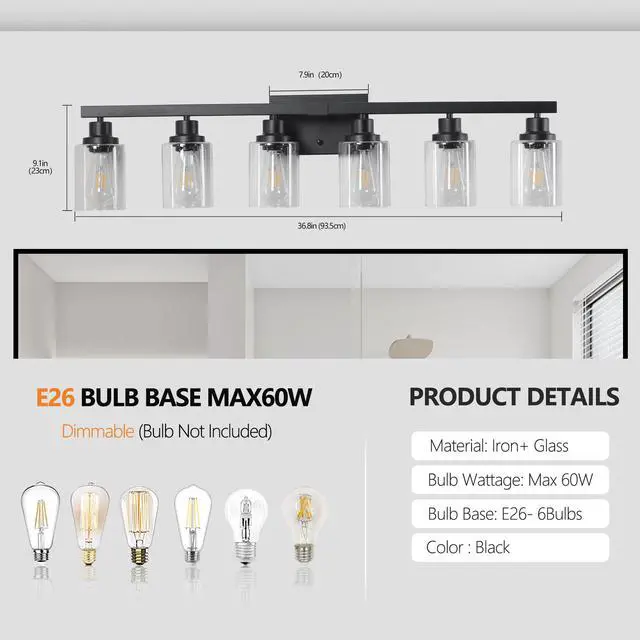 Alt view image 7 of 7 - 37" Modern 6-Light Bathroom Vanity Light Fixture - Black Finish with Clear Glass Shades, Perfect for Bathroom, Vanity, and Dressing Area Lighting (No Bulbs)