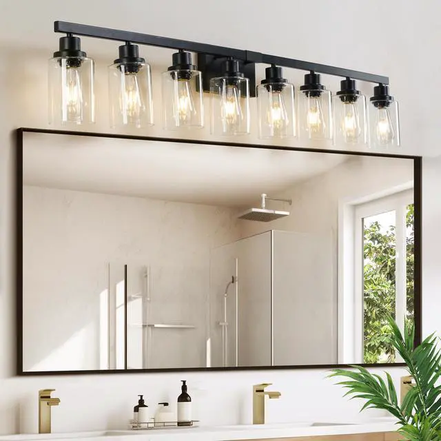 Main image of 51" Black 8-Light Vanity Light with Clear Glass Shades, Modern Iron Metal Bathroom Wall Fixture for Mirror, Ideal for Bathroom and Dressing Table (No Bulbs)