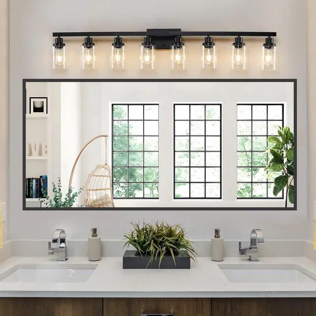 Alt view image 3 of 7 - 51" Black 8-Light Vanity Light with Clear Glass Shades, Modern Iron Metal Bathroom Wall Fixture for Mirror, Ideal for Bathroom and Dressing Table (No Bulbs)