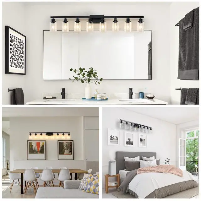 Alt view image 4 of 7 - 51" Black 8-Light Vanity Light with Clear Glass Shades, Modern Iron Metal Bathroom Wall Fixture for Mirror, Ideal for Bathroom and Dressing Table (No Bulbs)