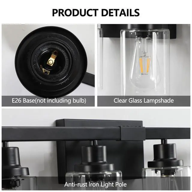 Alt view image 5 of 7 - 51" Black 8-Light Vanity Light with Clear Glass Shades, Modern Iron Metal Bathroom Wall Fixture for Mirror, Ideal for Bathroom and Dressing Table (No Bulbs)