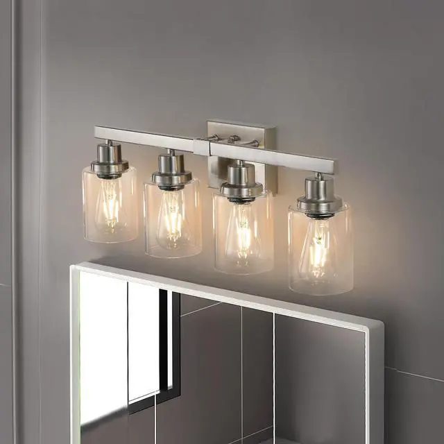 Alt view image 4 of 7 - 24" Modern 4-Light Bathroom Vanity Light Fixture - Brushed Nickel Finish with Clear Glass Shades, Perfect for Bathroom, Vanity, and Dressing Area Lighting (No Bulbs)