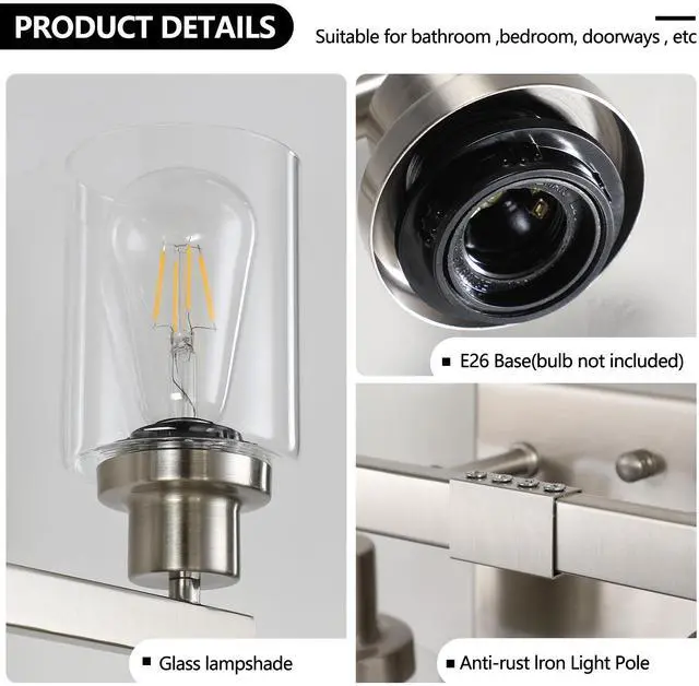 Alt view image 6 of 7 - 24" Modern 4-Light Bathroom Vanity Light Fixture - Brushed Nickel Finish with Clear Glass Shades, Perfect for Bathroom, Vanity, and Dressing Area Lighting (No Bulbs)