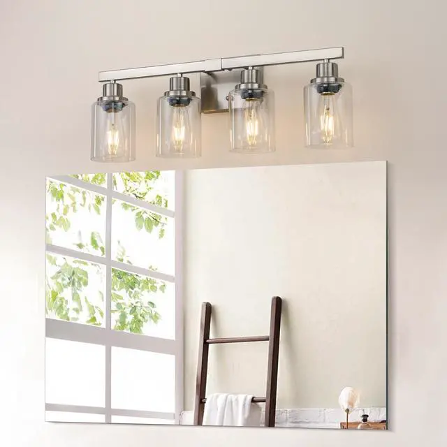 Alt view image 3 of 7 - 24" Modern 4-Light Bathroom Vanity Light Fixture - Brushed Nickel Finish with Clear Glass Shades, Perfect for Bathroom, Vanity, and Dressing Area Lighting (No Bulbs)