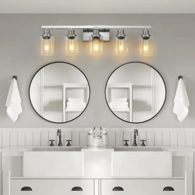 Main image of 31" Modern 5-Light Bathroom Vanity Light Fixture - Brushed Nickel Finish with Clear Glass Shades, Perfect for Bathroom, Vanity, and Dressing Area Lighting (No Bulbs)