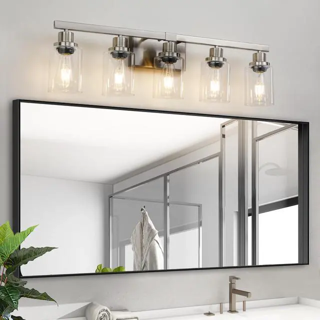 Alt view image 2 of 7 - 31" Modern 5-Light Bathroom Vanity Light Fixture - Brushed Nickel Finish with Clear Glass Shades, Perfect for Bathroom, Vanity, and Dressing Area Lighting (No Bulbs)
