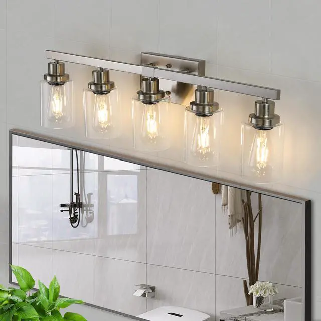 Alt view image 3 of 7 - 31" Modern 5-Light Bathroom Vanity Light Fixture - Brushed Nickel Finish with Clear Glass Shades, Perfect for Bathroom, Vanity, and Dressing Area Lighting (No Bulbs)