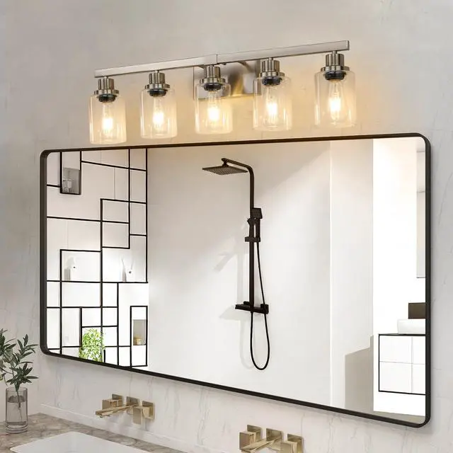 Alt view image 4 of 7 - 31" Modern 5-Light Bathroom Vanity Light Fixture - Brushed Nickel Finish with Clear Glass Shades, Perfect for Bathroom, Vanity, and Dressing Area Lighting (No Bulbs)