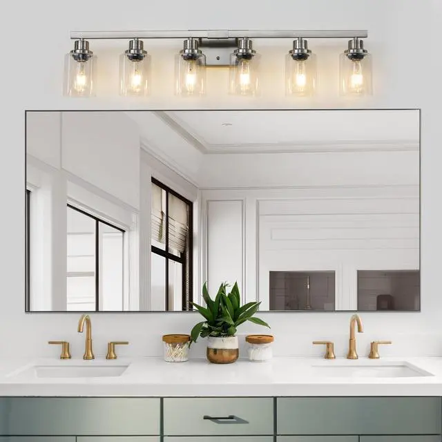 Alt view image 4 of 7 - 37" Modern 6-Light Bathroom Vanity Light Fixture - Brushed Nickel Finish with Clear Glass Shades, Perfect for Bathroom, Vanity, and Dressing Area Lighting (No Bulbs)