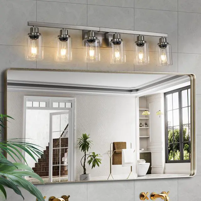 Alt view image 2 of 7 - 37" Modern 6-Light Bathroom Vanity Light Fixture - Brushed Nickel Finish with Clear Glass Shades, Perfect for Bathroom, Vanity, and Dressing Area Lighting (No Bulbs)