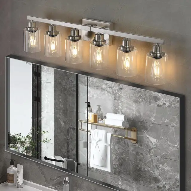 Alt view image 3 of 7 - 37" Modern 6-Light Bathroom Vanity Light Fixture - Brushed Nickel Finish with Clear Glass Shades, Perfect for Bathroom, Vanity, and Dressing Area Lighting (No Bulbs)