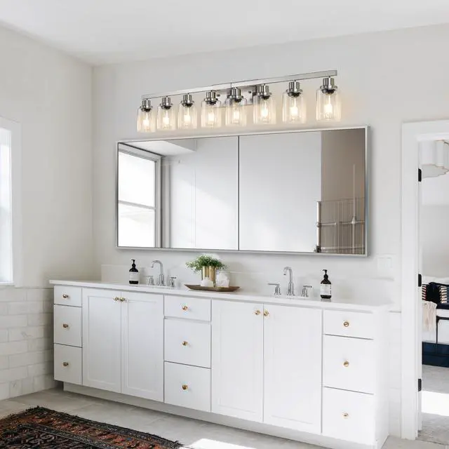 Alt view image 2 of 7 - 51" Modern 8-Light Bathroom Vanity Light Fixture - Brushed Nickel Finish with Clear Glass Shades, Perfect for Bathroom, Vanity, and Dressing Area Lighting (No Bulbs)