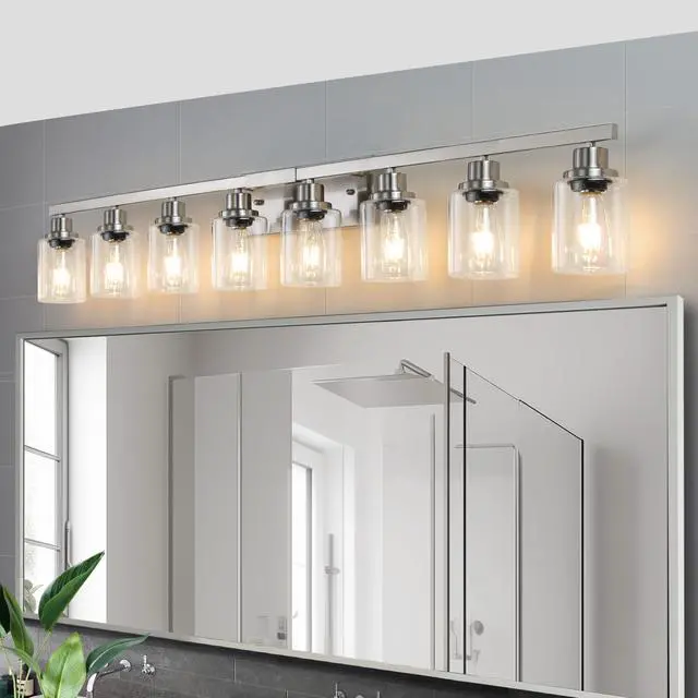 Alt view image 3 of 7 - 51" Modern 8-Light Bathroom Vanity Light Fixture - Brushed Nickel Finish with Clear Glass Shades, Perfect for Bathroom, Vanity, and Dressing Area Lighting (No Bulbs)
