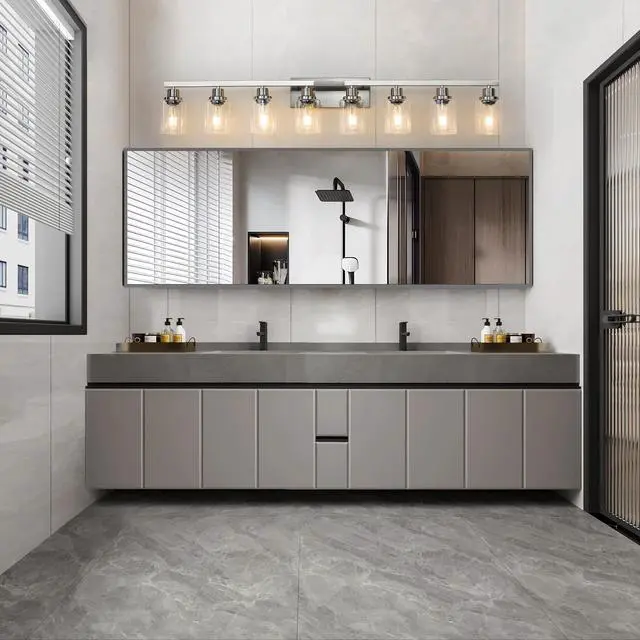 Alt view image 4 of 7 - 51" Modern 8-Light Bathroom Vanity Light Fixture - Brushed Nickel Finish with Clear Glass Shades, Perfect for Bathroom, Vanity, and Dressing Area Lighting (No Bulbs)