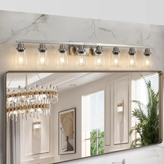 Main image of 51" Modern 8-Light Bathroom Vanity Light Fixture - Brushed Nickel Finish with Clear Glass Shades, Perfect for Bathroom, Vanity, and Dressing Area Lighting (No Bulbs)