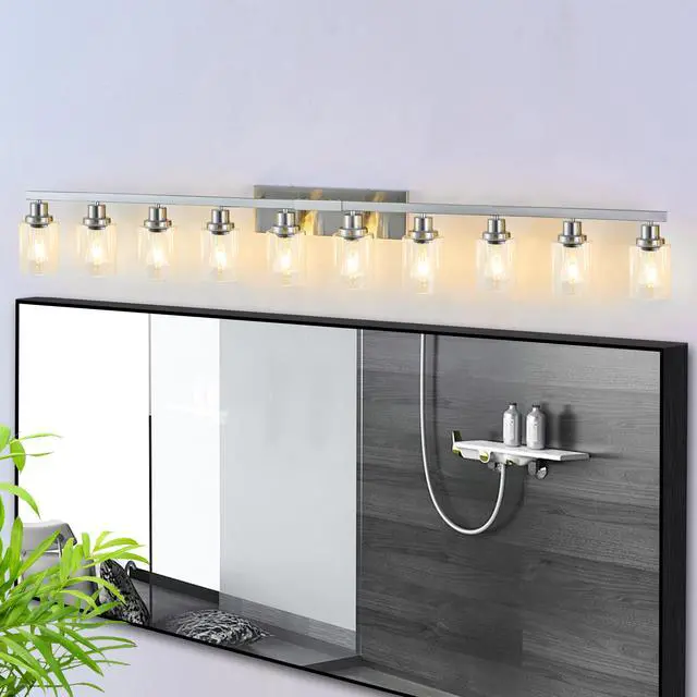 Alt view image 2 of 7 - 10 Light Bathroom Light Fixtures, Bathroom Vanity Light with Clear Glass, Brushed Nickel Bathroom Lighting Fixtures Over Mirror, Large Vanity Lights for Bathroom, Vanity Lights for Mirror, Wall Sconce