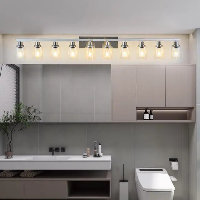 Alt view image 4 of 7 - 10 Light Bathroom Light Fixtures, Bathroom Vanity Light with Clear Glass, Brushed Nickel Bathroom Lighting Fixtures Over Mirror, Large Vanity Lights for Bathroom, Vanity Lights for Mirror, Wall Sconce