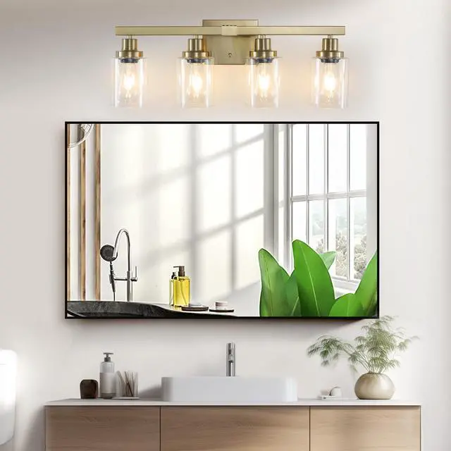 Alt view image 2 of 7 - 24" Golden 4-Light Vanity Light with Clear Glass Shades, Modern Iron Metal Bathroom Wall Fixture for Mirror, Ideal for Bathroom and Dressing Table (No Bulbs)