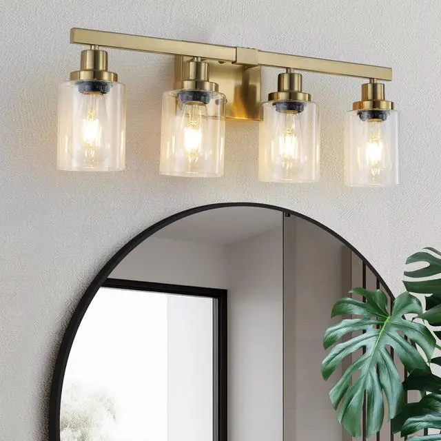 Main image of 24" Golden 4-Light Vanity Light with Clear Glass Shades, Modern Iron Metal Bathroom Wall Fixture for Mirror, Ideal for Bathroom and Dressing Table (No Bulbs)