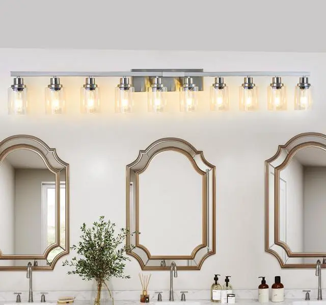 Main image of 10 Light Bathroom Light Fixtures, Bathroom Vanity Light with Clear Glass, Brushed Nickel Bathroom Lighting Fixtures Over Mirror, Large Vanity Lights for Bathroom, Vanity Lights for Mirror, Wall Sconce
