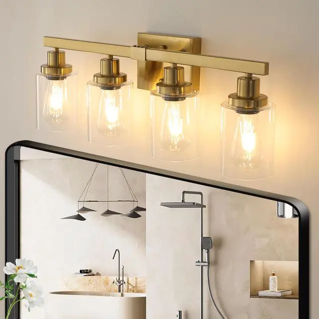 Alt view image 4 of 7 - 24" Golden 4-Light Vanity Light with Clear Glass Shades, Modern Iron Metal Bathroom Wall Fixture for Mirror, Ideal for Bathroom and Dressing Table (No Bulbs)