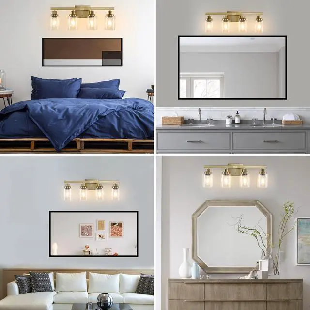 Alt view image 5 of 7 - 24" Golden 4-Light Vanity Light with Clear Glass Shades, Modern Iron Metal Bathroom Wall Fixture for Mirror, Ideal for Bathroom and Dressing Table (No Bulbs)