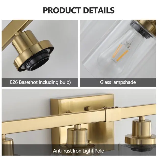 Alt view image 6 of 7 - 24" Golden 4-Light Vanity Light with Clear Glass Shades, Modern Iron Metal Bathroom Wall Fixture for Mirror, Ideal for Bathroom and Dressing Table (No Bulbs)