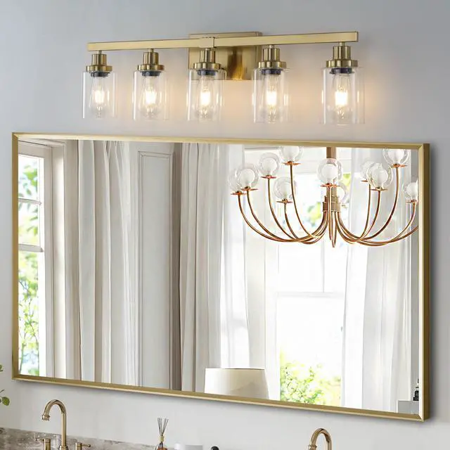 Alt view image 2 of 7 - 31" Golden 5-Light Vanity Light with Clear Glass Shades, Modern Iron Metal Bathroom Wall Fixture for Mirror, Ideal for Bathroom and Dressing Table (No Bulbs)