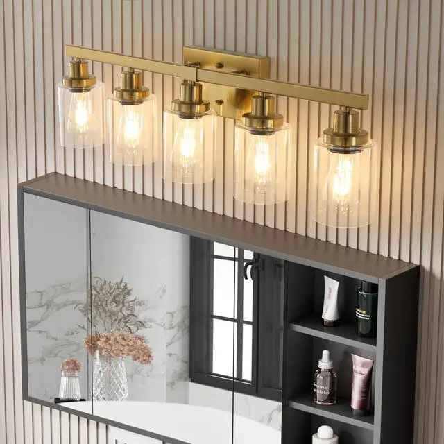 Alt view image 3 of 7 - 31" Golden 5-Light Vanity Light with Clear Glass Shades, Modern Iron Metal Bathroom Wall Fixture for Mirror, Ideal for Bathroom and Dressing Table (No Bulbs)