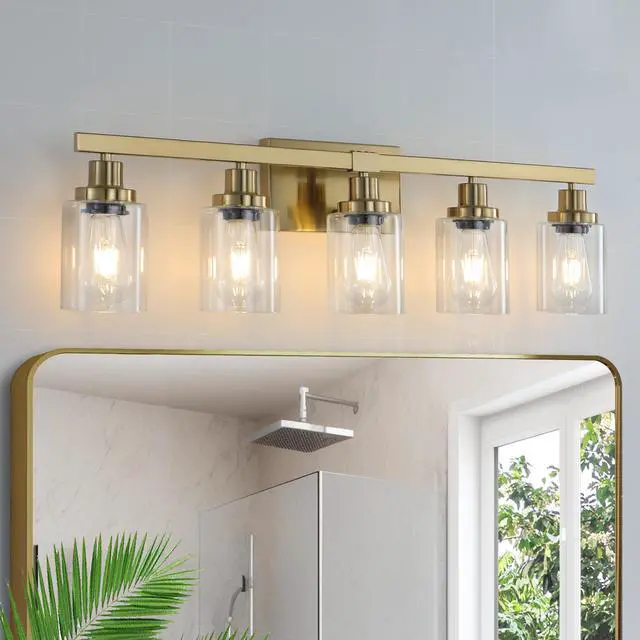 Alt view image 4 of 7 - 31" Golden 5-Light Vanity Light with Clear Glass Shades, Modern Iron Metal Bathroom Wall Fixture for Mirror, Ideal for Bathroom and Dressing Table (No Bulbs)