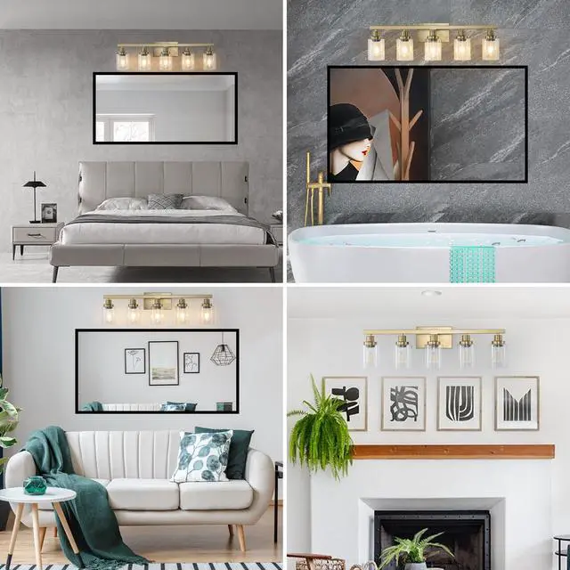 Alt view image 6 of 7 - 31" Golden 5-Light Vanity Light with Clear Glass Shades, Modern Iron Metal Bathroom Wall Fixture for Mirror, Ideal for Bathroom and Dressing Table (No Bulbs)
