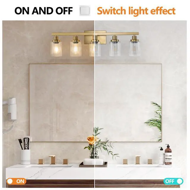 Alt view image 5 of 7 - 31" Golden 5-Light Vanity Light with Clear Glass Shades, Modern Iron Metal Bathroom Wall Fixture for Mirror, Ideal for Bathroom and Dressing Table (No Bulbs)