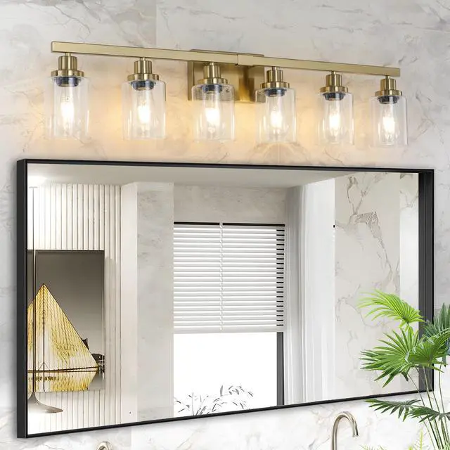 Main image of 37" Golden 6-Light Vanity Light with Clear Glass Shades, Modern Iron Metal Bathroom Wall Fixture for Mirror, Ideal for Bathroom and Dressing Table (No Bulbs)