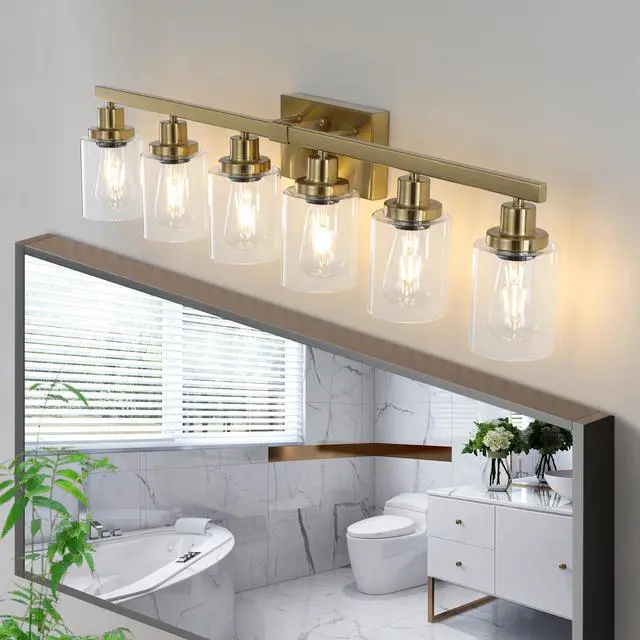 Alt view image 2 of 7 - 37" Golden 6-Light Vanity Light with Clear Glass Shades, Modern Iron Metal Bathroom Wall Fixture for Mirror, Ideal for Bathroom and Dressing Table (No Bulbs)