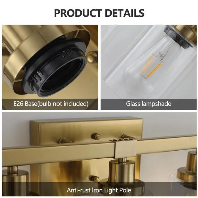 Alt view image 7 of 7 - 31" Golden 5-Light Vanity Light with Clear Glass Shades, Modern Iron Metal Bathroom Wall Fixture for Mirror, Ideal for Bathroom and Dressing Table (No Bulbs)