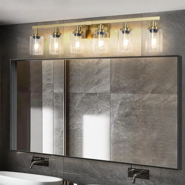 Alt view image 3 of 7 - 37" Golden 6-Light Vanity Light with Clear Glass Shades, Modern Iron Metal Bathroom Wall Fixture for Mirror, Ideal for Bathroom and Dressing Table (No Bulbs)