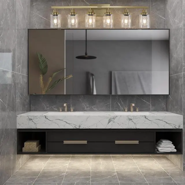 Alt view image 4 of 7 - 37" Golden 6-Light Vanity Light with Clear Glass Shades, Modern Iron Metal Bathroom Wall Fixture for Mirror, Ideal for Bathroom and Dressing Table (No Bulbs)