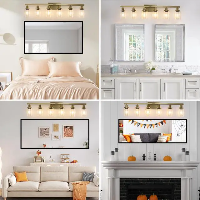 Alt view image 5 of 7 - 37" Golden 6-Light Vanity Light with Clear Glass Shades, Modern Iron Metal Bathroom Wall Fixture for Mirror, Ideal for Bathroom and Dressing Table (No Bulbs)