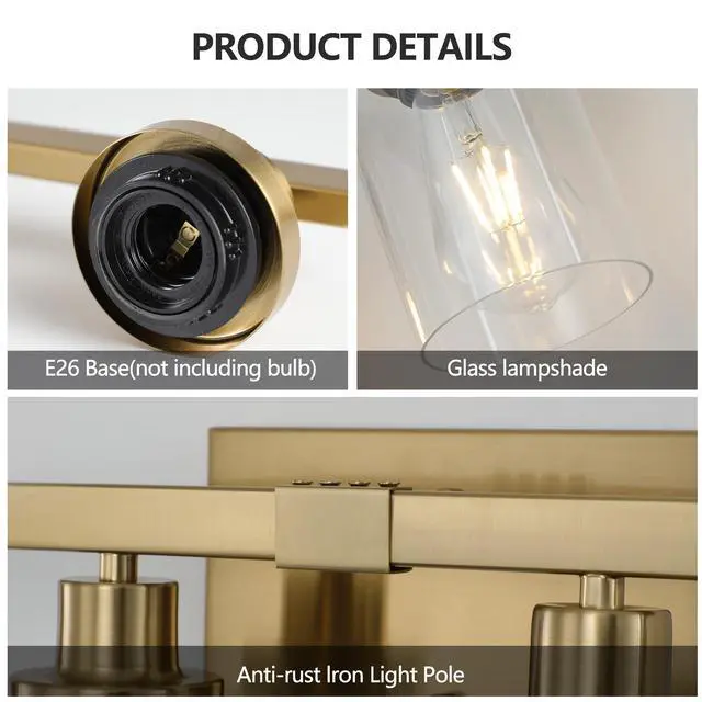Alt view image 7 of 7 - 37" Golden 6-Light Vanity Light with Clear Glass Shades, Modern Iron Metal Bathroom Wall Fixture for Mirror, Ideal for Bathroom and Dressing Table (No Bulbs)