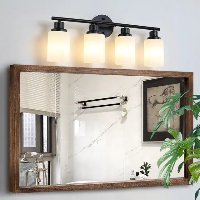 Alt view image 3 of 7 - 24" Modern 4-Light Vanity Bathroom Mirror Light, Frosted White Glass with Black Iron Frame, Contemporary Wall Sconce for Bedroom, Bathroom, and Dressing Room (Bulb Not included)