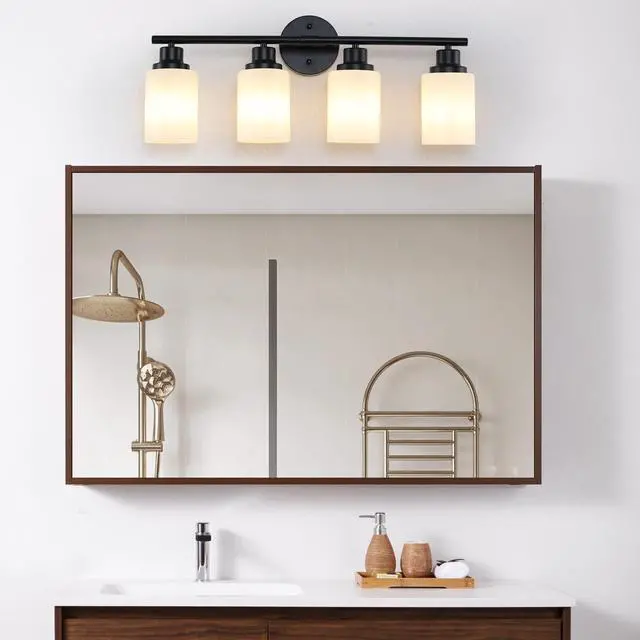 Main image of 24" Modern 4-Light Vanity Bathroom Mirror Light, Frosted White Glass with Black Iron Frame, Contemporary Wall Sconce for Bedroom, Bathroom, and Dressing Room (Bulb Not included)