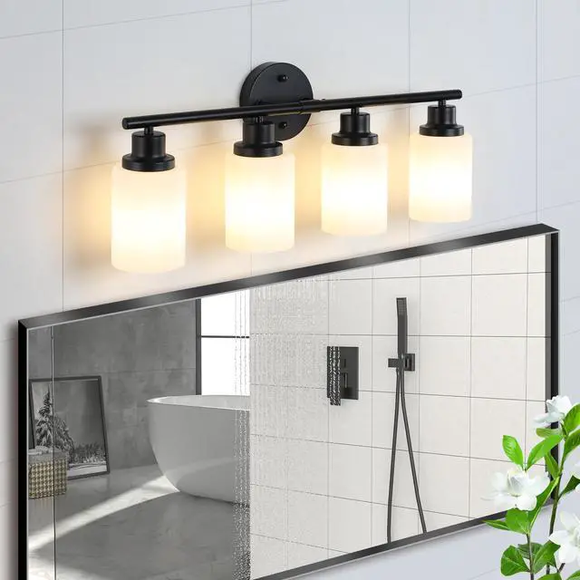 Alt view image 4 of 7 - 24" Modern 4-Light Vanity Bathroom Mirror Light, Frosted White Glass with Black Iron Frame, Contemporary Wall Sconce for Bedroom, Bathroom, and Dressing Room (Bulb Not included)