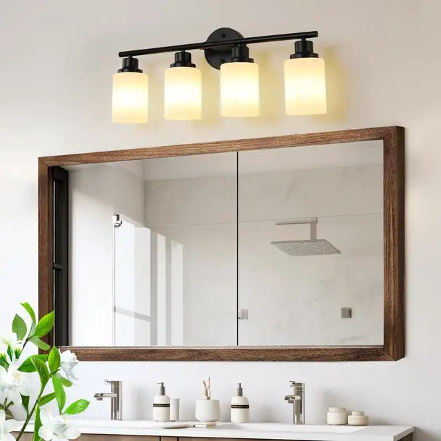 Alt view image 2 of 7 - 24" Modern 4-Light Vanity Bathroom Mirror Light, Frosted White Glass with Black Iron Frame, Contemporary Wall Sconce for Bedroom, Bathroom, and Dressing Room (Bulb Not included)