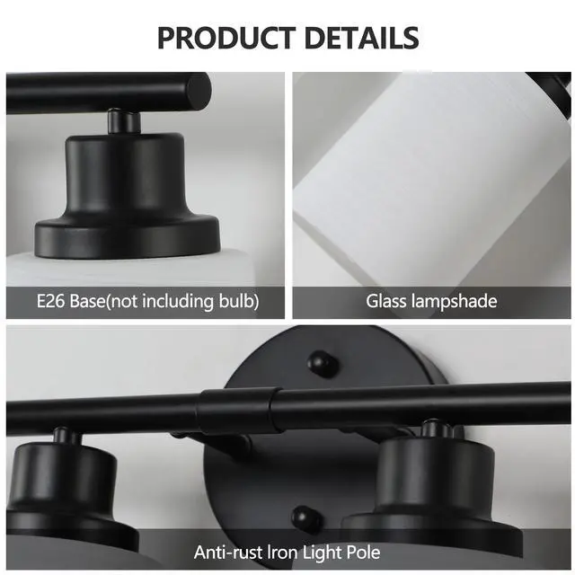 Alt view image 7 of 7 - 24" Modern 4-Light Vanity Bathroom Mirror Light, Frosted White Glass with Black Iron Frame, Contemporary Wall Sconce for Bedroom, Bathroom, and Dressing Room (Bulb Not included)
