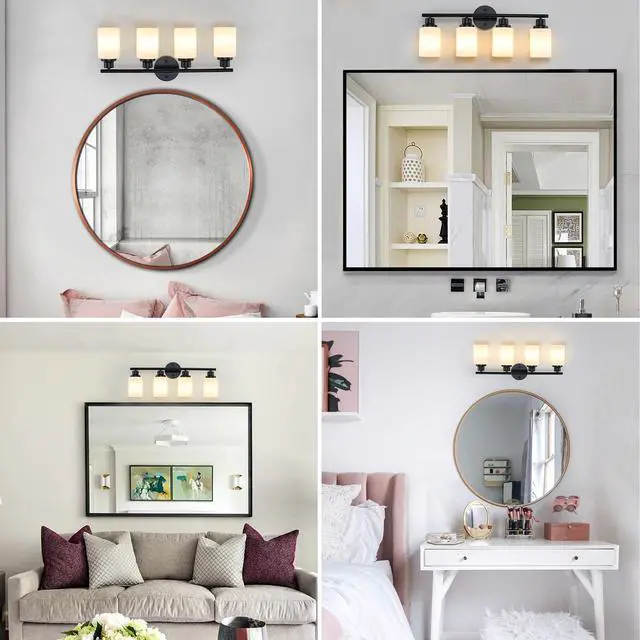 Alt view image 6 of 7 - 24" Modern 4-Light Vanity Bathroom Mirror Light, Frosted White Glass with Black Iron Frame, Contemporary Wall Sconce for Bedroom, Bathroom, and Dressing Room (Bulb Not included)