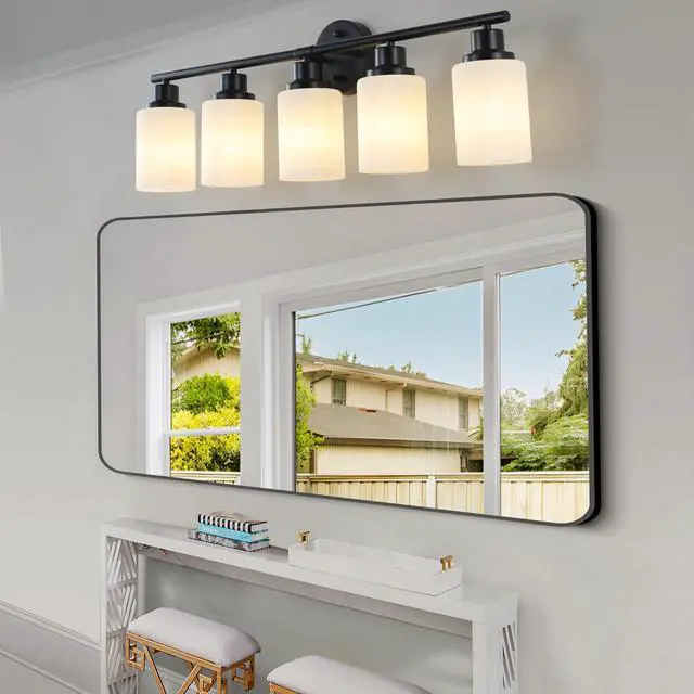 Main image of 31" Modern 5-Light Vanity Bathroom Mirror Light, Frosted White Glass with Black Iron Frame, Contemporary Wall Sconce for Bedroom, Bathroom, and Dressing Room (Bulb Not included)