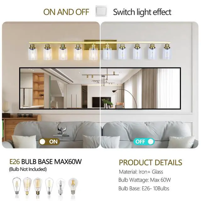 Alt view image 6 of 7 - 10 Light Gold Vanity Lights for Mirror, 52inch Modern Gold Bathroom Wall Lighting for Bedroom, Living Room