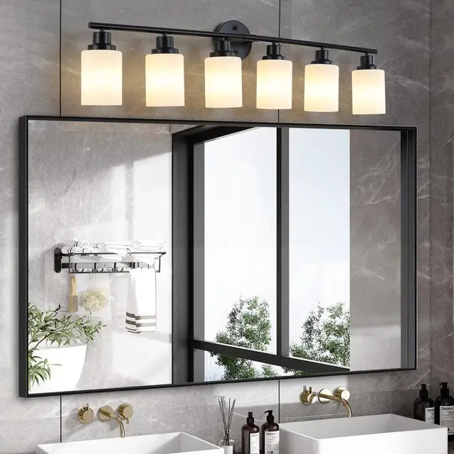 Main image of 39" Modern 6-Light Vanity Bathroom Mirror Light, Frosted White Glass with Black Iron Frame, Contemporary Wall Sconce for Bedroom, Bathroom, and Dressing Room (No Bulbs)