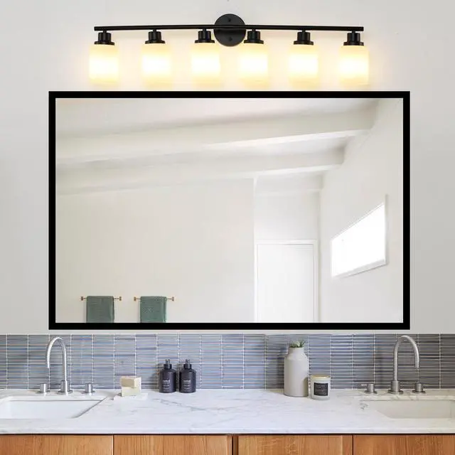 Alt view image 3 of 7 - 39" Modern 6-Light Vanity Bathroom Mirror Light, Frosted White Glass with Black Iron Frame, Contemporary Wall Sconce for Bedroom, Bathroom, and Dressing Room (No Bulbs)