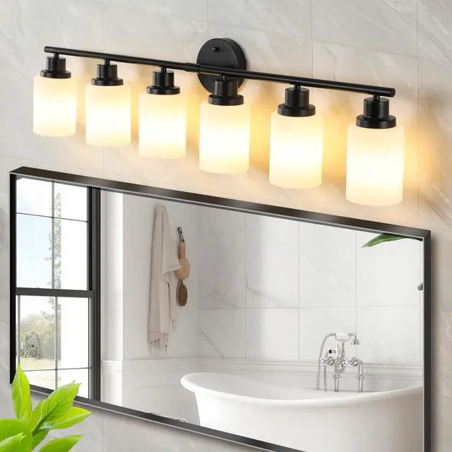 Alt view image 4 of 7 - 39" Modern 6-Light Vanity Bathroom Mirror Light, Frosted White Glass with Black Iron Frame, Contemporary Wall Sconce for Bedroom, Bathroom, and Dressing Room (No Bulbs)